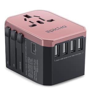 5 Amp Grounded Universal AC Plug Travel Adapter with 5 USB Ports in Rose Gold (1-Pack)
