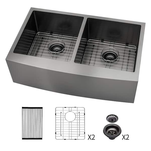 33 in. Farmhouse Double Bowl (50/50) 16 Gauge Gunmetal Black Stainless Steel Kitchen Sink with Drain, Drying Rack