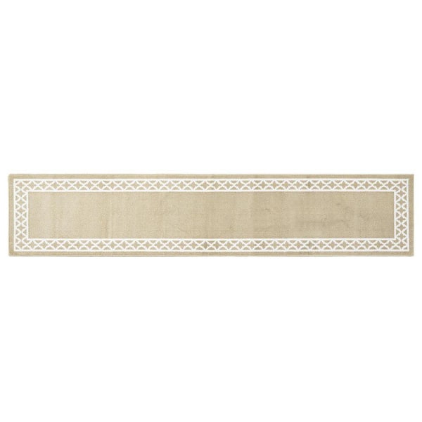 Washable Skid Resistant Beige /White 2.6 ft. x 12 ft. All Loop Tufted Area Rug