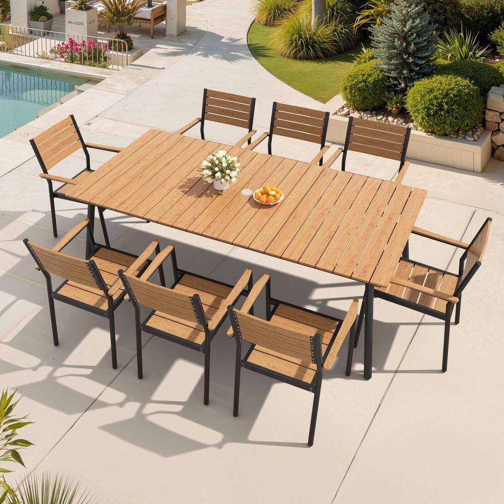 9-Piece Outdoor Dining Set with Umbrella Hole Aluminum Frame Wood-Plastic Composite Panel 8 Dining Chairs in Brown price history on PriceWatchPro