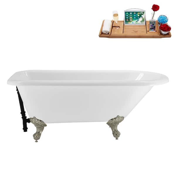 Streamline 62 in. x 29 in. Acrylic Clawfoot Soaking Bathtub in Glossy White with Matte Black Drain, Brushed Nickel Clawfeet