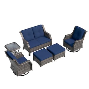 Brown Wicker 6-Piece Outdoor Patio Conversation Set with 2 Swivel Rocking Chairs and Blue Cushions