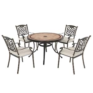5-Piece Cast Aluminum Outdoor Dining Set Round Tile-Top Table Flower-Shaped Backrest Dining Chairs with Beige Cushions