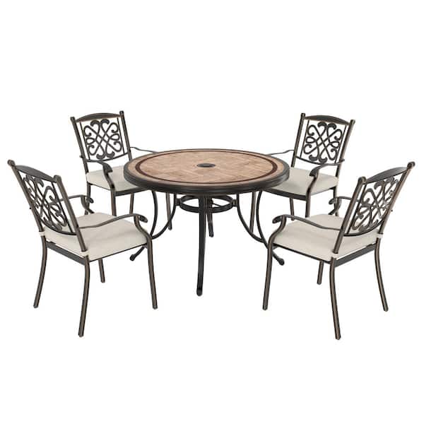 Mondawe 5-Piece Cast Aluminum Outdoor Dining Set Round Tile-Top Table Flower-Shaped Backrest Dining Chairs with Beige Cushions