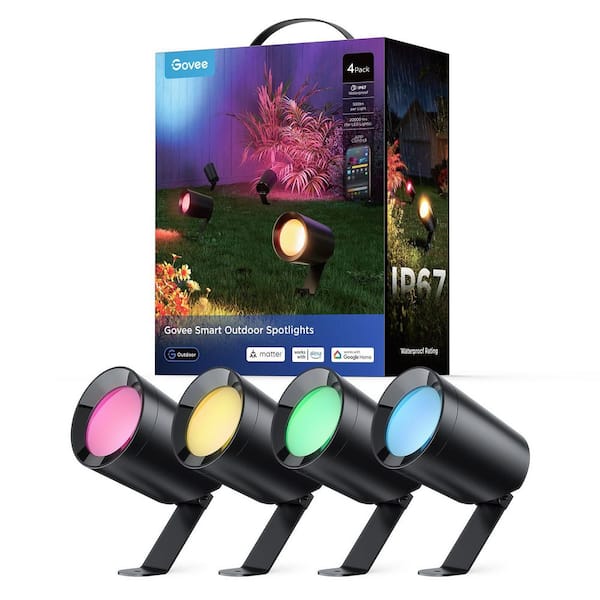 500 Lumens RGBIC Plug-In Smart Low-Voltage Spotlight with Outdoor IP67 Waterproof Dimmable Color Changing 4 Pack Black
