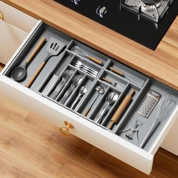 13-Slot Magnetic Silverware Organizer, 21 to 37.4 in. Expandable Flatware and Cutlery Holder, Utensil Tray, Gray
