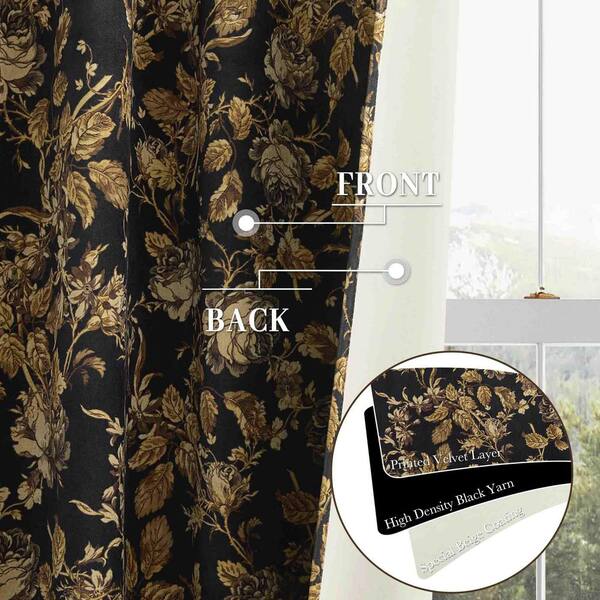 quarant'otto黒金色ベルベット仕上げクゥアラントットジュエリーボックス Gold Velvet Floral 52 in. W x 84 in. L Back Tab Blackout Curtain