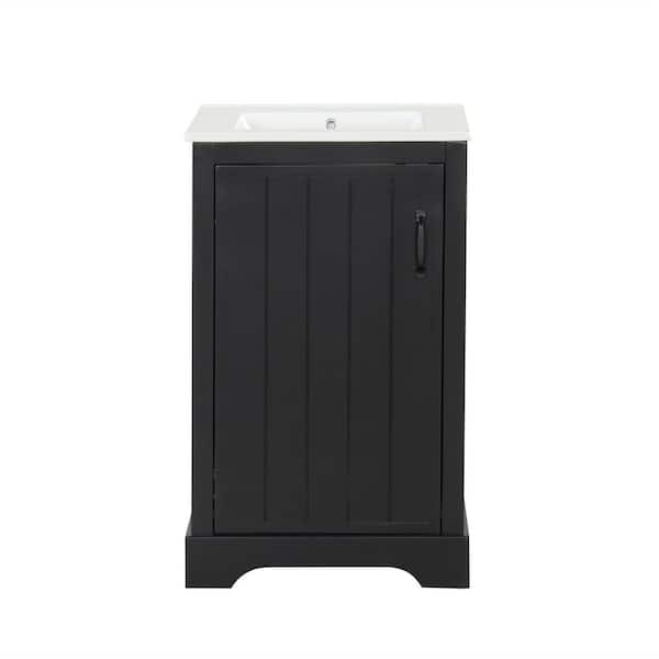 20 in. Single Sink Freestanding Black Bath Vanity with White Ceramic Top, Storage Rack and Adjustable Shelve