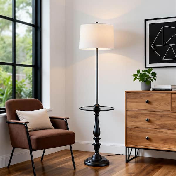 61.25 in. Black 1-Light Standard Floor Lamp for Living Room with Fabric Drum Shade and Glass Table