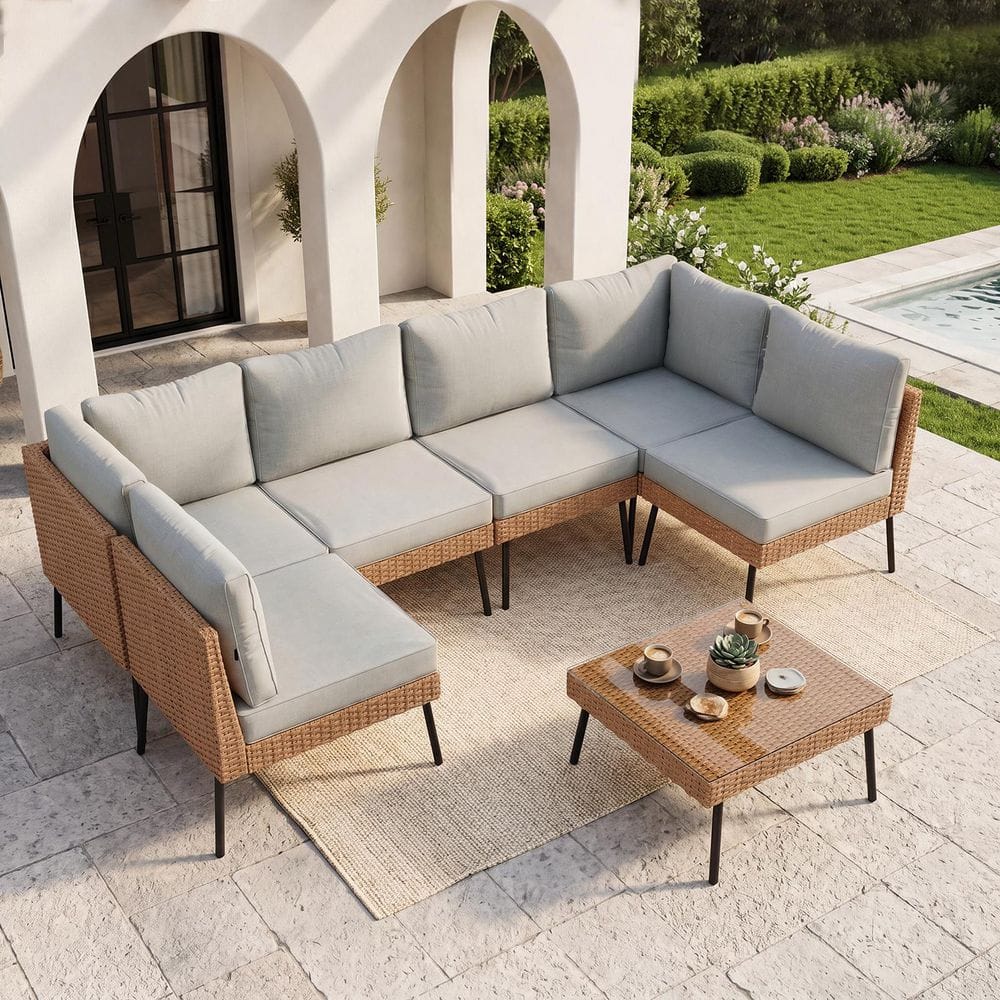 All Weather PE Rattan 7-Piece Modular Patio Sectional Set with Glass Top Coffee Table and Removable Light Gray Cushions