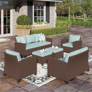 Dark Brown Rattan Wicker 9 Seat 6-Piece Steel Outdoor Patio Conversation Set with Blue Cushions and 2 Ottomans