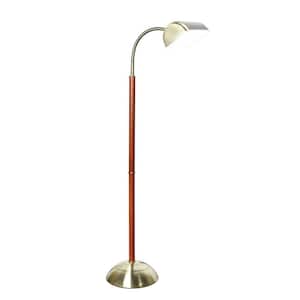 61 in. Antique Brass and a Cherrywood Post 1-Light 40-Watt 4-Way Brightness Switch Swing Arm Floor Lamp