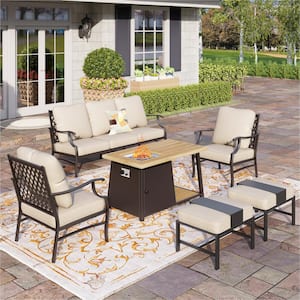 Black Metal Meshed 7 Seat 6-Piece Steel Outdoor Fire Pit Patio Set With Beige Cushions, Metal Rectangular Fire Pit Table