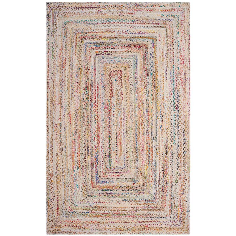 Ivory and Multicolor Braided Wool Cotton Area Rug