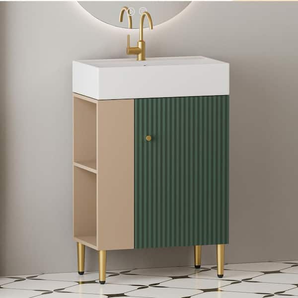 22 in. W x 12 in. D x 34 in. H Single Sink Bath Vanity in Green w/ White Ceramic Top and Left Side Open Storage Shelves