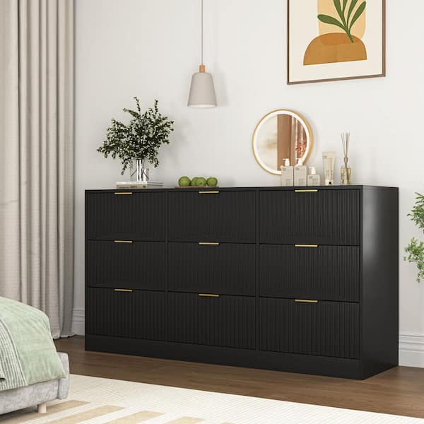 Roddy Black Wood 9-Drawer 63 in. W Chest of Drawers, Drawer Panel with Wavy Patterns