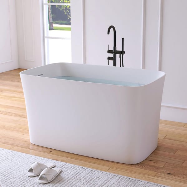 47 in. x 27.5 in. Stone Resin Solid Surface Flatbottom Freestanding Japanese Soaking Bathtub in White with Seat