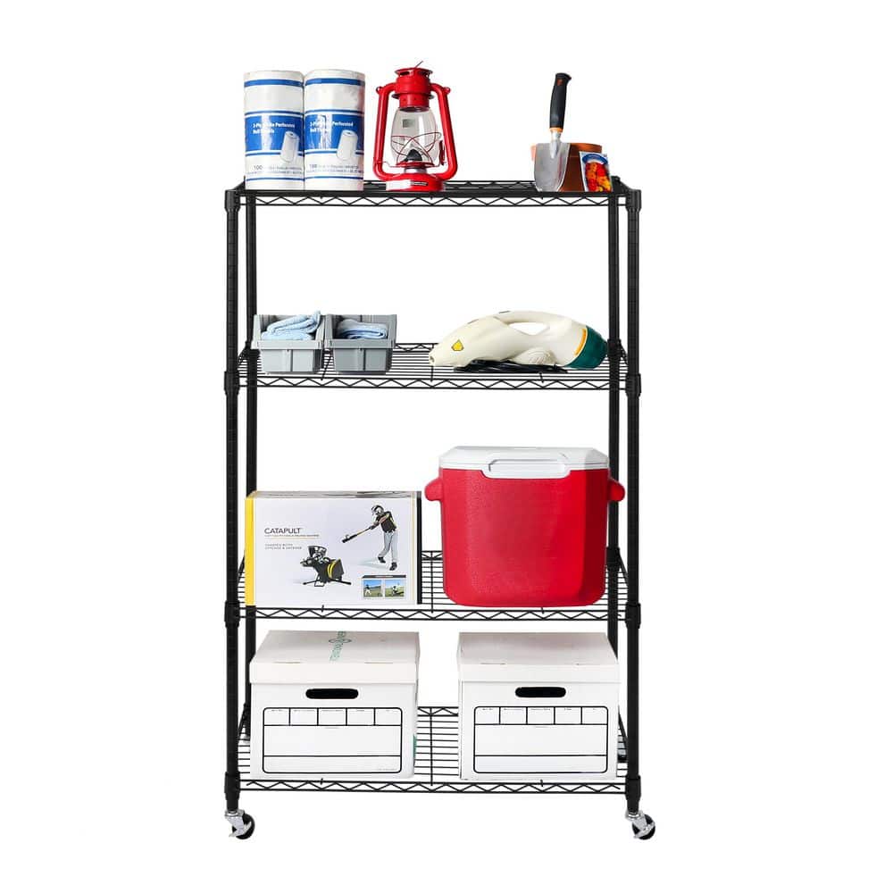 Adjustable Black Steel 4-Tier Wire Shelving Unit with Wheels