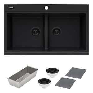 epiGranite Midnight Black Granite Composite 34 in. Double Bowl Drop-In Workstation Ledge Kitchen Sink