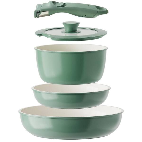 Green 5 Piece Ceramic Nonstick Cookware Set, Removable Handle Non Toxic Space Saving Kitchen Pots Pans Set