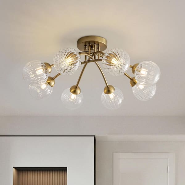 Y'INSP 26.97 in. 8-Light Matte Copper Mid Century Ceiling Light Modern Semi Flush Mount Clear Ribbed Glass Globe Chandelier