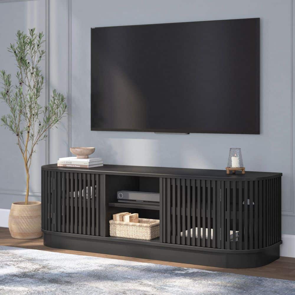 Mid-Century Modern Black TV Stand Fits Up to 65 in. with 2 Slatted Doors price history on PriceWatchPro