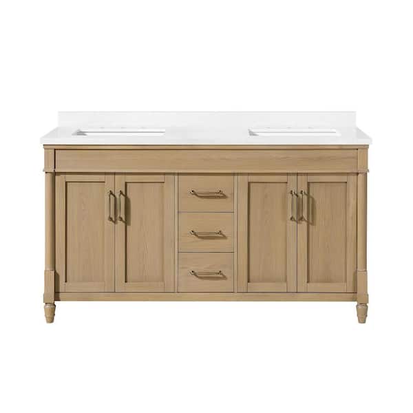 Salisbury 60 in. Double Sink  Natural Birch Bath Vanity with White Engineered Marble Top