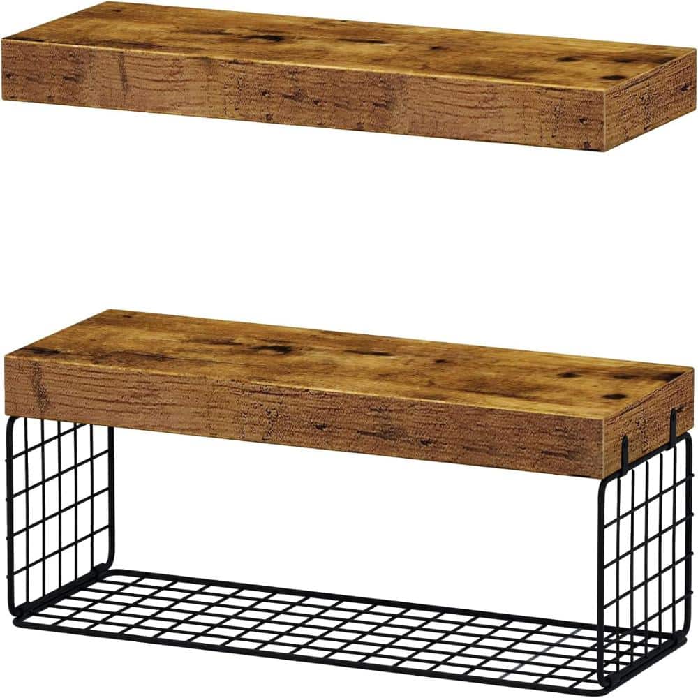 QEEIG 2-Pack Bathroom Shelves Over Toilet with Basket,, 16" W x 7" D, Heavy-Duty, Brown