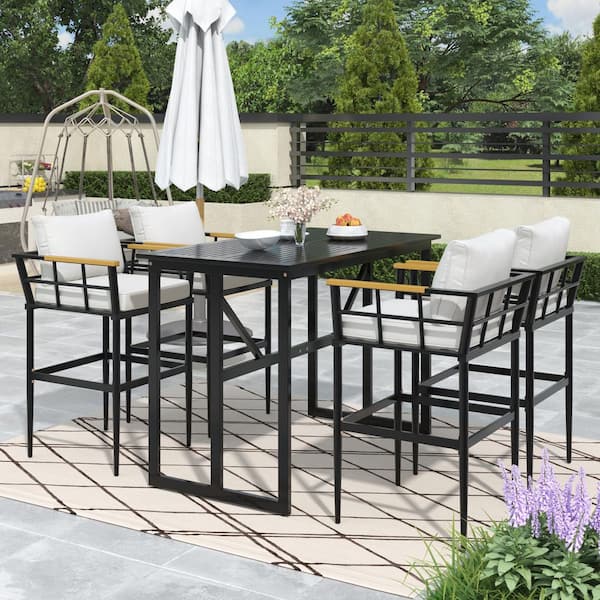 5-Piece Metal Bar Height Outdoor Dining Set Chair with Acacia Wood Armrest & Beige Cushions