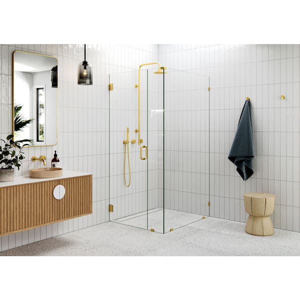 36 in. W x 44.5 in. D x 78 in. H Pivot Frameless Corner Shower Enclosure in Satin Brass Finish with Clear Glass