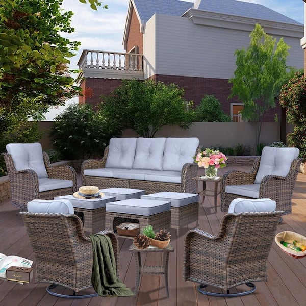 Brown 11-Piece Wicker Steel Patio Conversation Sofa Set Outdoor Rattan furniture Set with Gray Cushions