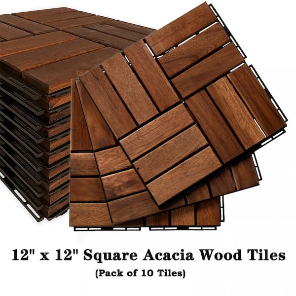 BTMWAY 12 in. x 12 in. Square Acacia Wood Interlocking Patio Deck Tile Outdoor Checker Pattern Flooring Tile Pack of 10 Tiles