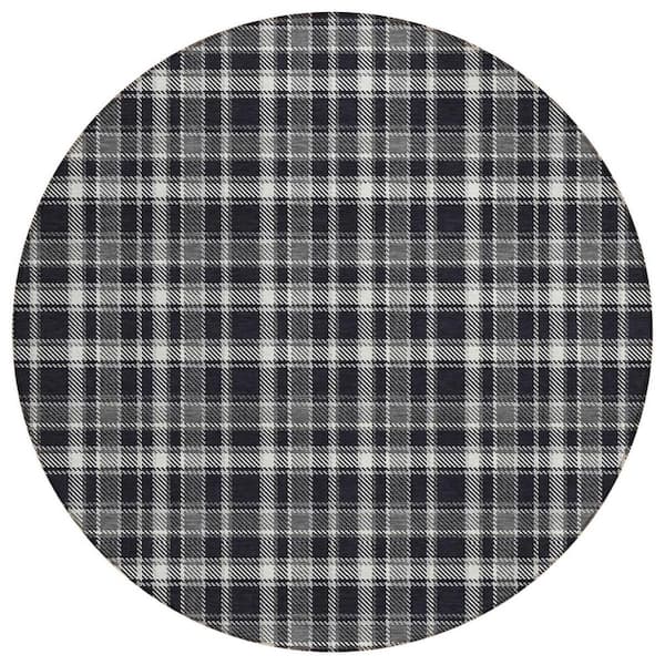 HomeRoots Black Gray and White 8 ft. Round Woven Plaid Round Indoor/Outdoor Area Rug