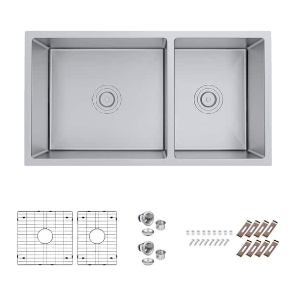 Stainless Steel 36 in. Double Bowl Undermount Kitchen Sink, Thin Divider  and Heavy-Duty Grids