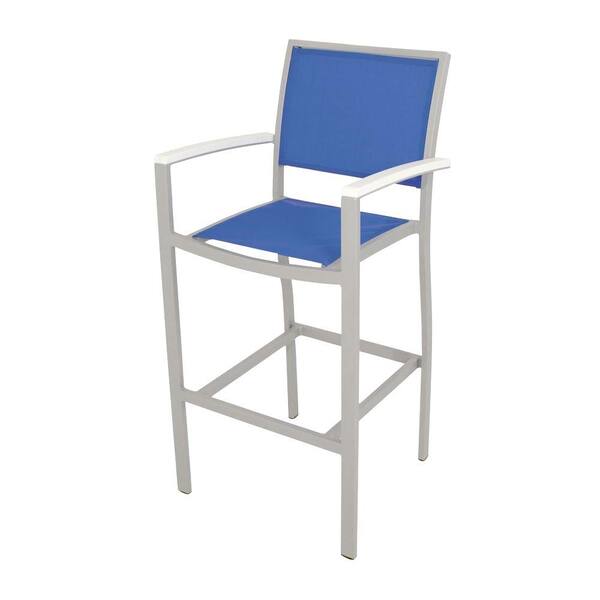 POLYWOOD Bayline Textured Silver/White/Royal Blue Sling Patio Bar Arm Chair