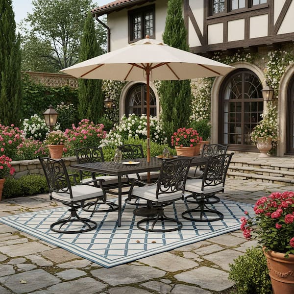 grey patio table with umbrella hole MFSTUDIO and Chairs Set of 4, Swivel Mesh Chairs, Low Maintenance  Never needs painting Umbrella Grey Round Outdoor Dining