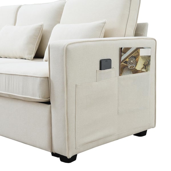 Polibi 114.20 in. Straight Arm Polyester Rectangle Sofa in Beige with Console, Cup Holders and USB Ports