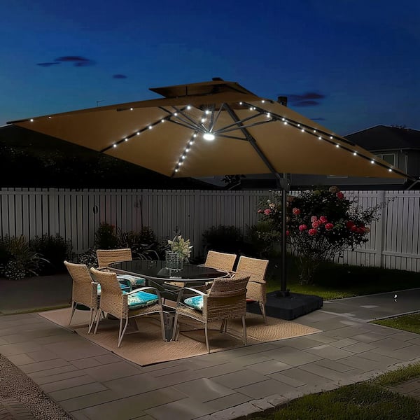 13 ft. x 10 ft. LED Rectangular Swivel Double Cantilever Patio Umbrella in Tan with 220 lb. HDPE Base