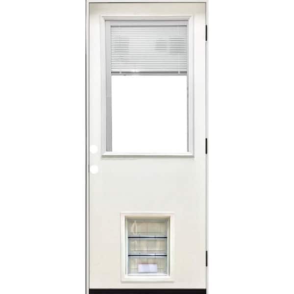 32 in. x 80 in. Reliant Series Clear Mini-Blind LHOS White Primed Fiberglass Prehung Back Door with Large Pet Door