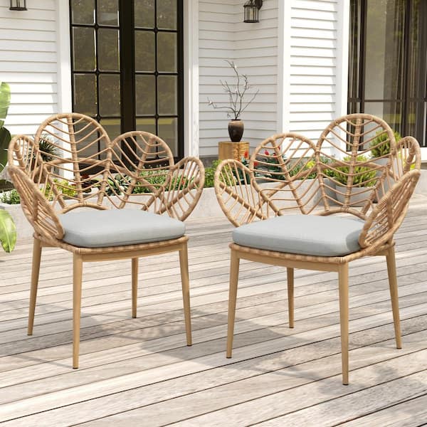 Kirk Patio PE Rattan and Metal Outdoor Papasan Dining Chairs with Beige Cushions, Teak and Light Brown, Set of 2
