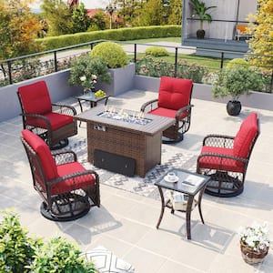 7 Piece Wicker Outdoor Patio Fire Pit Set, Swivel Rocking Chairs Set with Red Cushions, Coffee Table and Firepit Table