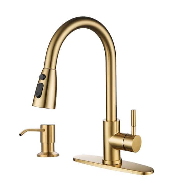 ALEASHA Single-Handle Pull Down Sprayer Kitchen Faucet with Soap Dispenser in Gold