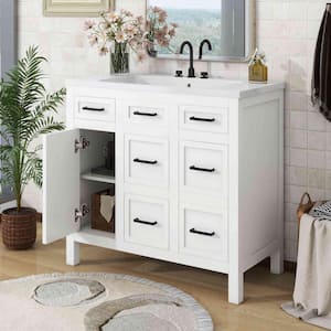 36 in. W x 18 in. D x 34 in. H Single Sink Bathroom Vanity in White with Resin Top Integrated Sink (4-Drawers, 2-Doors)