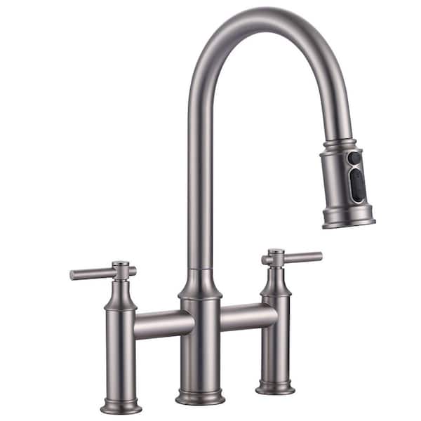 Double Handle Bridge Kitchen Faucet with 3-Mode Pull-Down Spray Head in Brushed Nickel
