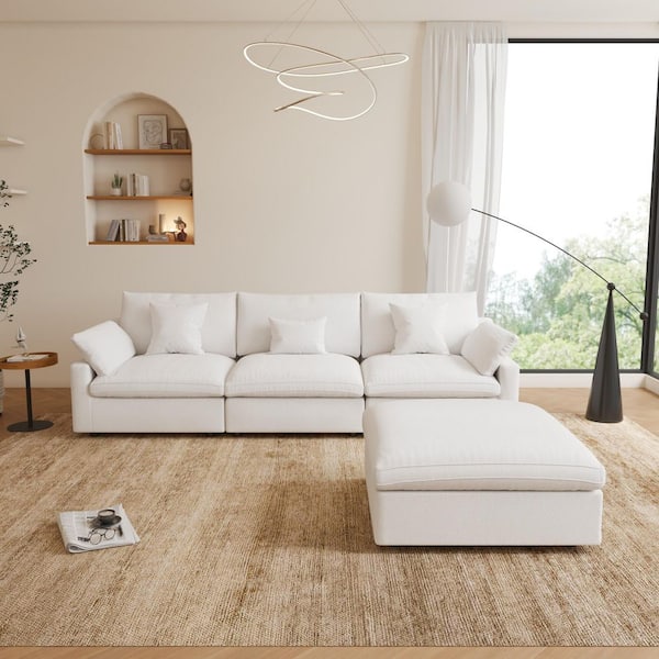 Magic Home Modular 119 in. Down Filled Linen Large 3-Seat Sofa Solid Wood Cloud Couch Sectional in White with Ottoman for Apartment