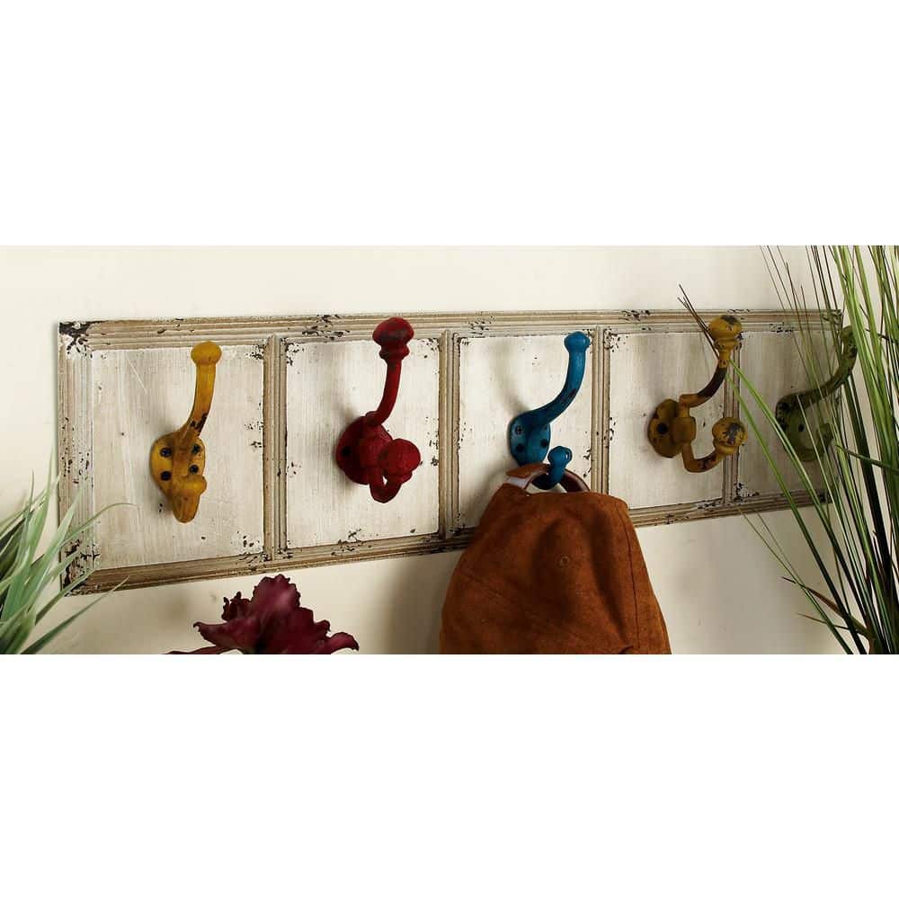 24" White Wood Wall Hook with Multicolor Metal Hangers