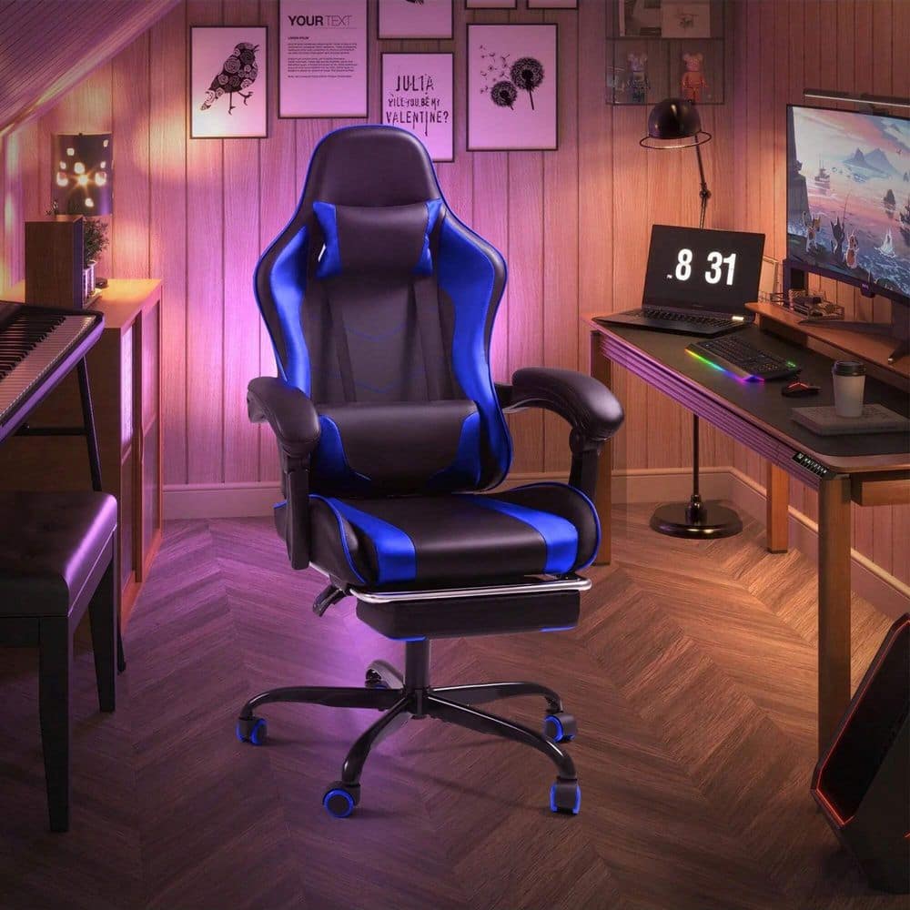 Polyurethane Height Adjustable Footrest Massage Lumbar Support Ergonomic Gaming Chair in Blue with Adjustable Arms price history on PriceWatchPro