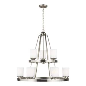 Kemal 9-Light Brushed Nickel Transitional Wagon Wheel Chandelier with Etched White Inside Glass Shades and LED Bulbs