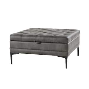 Jeremias Gray Transitional Lift Top Shelved Storage Button-Tufted Cocktail Ottoman with Metal Leg