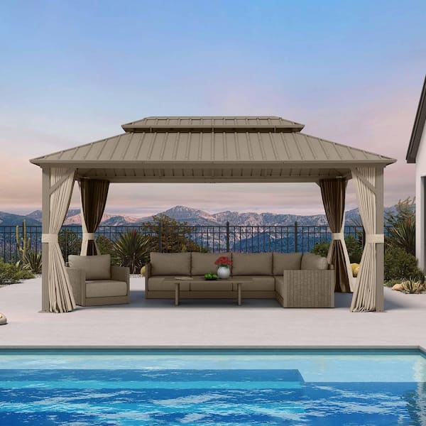 10 ft. x 16 ft. Champagne Aluminum Hardtop Gazebo Canopy with Galvanized Steel Double Roof, Curtains and Netting